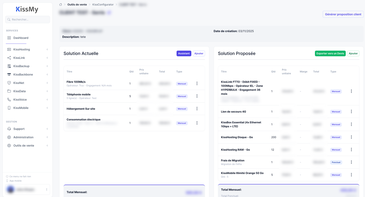 KissConfigurator : la solution actuelle du client comparée à la solution proposée, exportable en devis