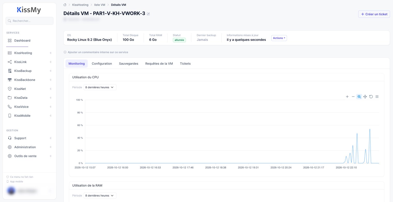 KissMy, Détail d'une VM : système, disque, RAM, dernière sauvegarde et utilisation du CPU.